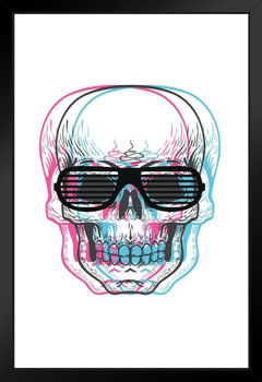 3D Retro Red Blue Skull Image Shutter Sunglasses Poster Design Optical Illusion Left Right Eye Black Wood Framed Art Poster 14x20