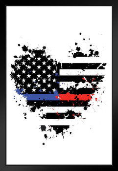 Thin Blue Red Line Flag Heart Memorial Black Wood Framed Poster 14x20