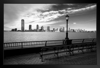 Jersey City Skyline from Manhattan Across Hudson River B&W Photo Art Print Black Wood Framed Poster 20x14