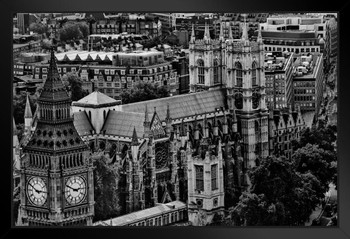 London Skyline View Big Ben and Westminster Abbey Black and White B&W Photo Art Print Black Wood Framed Poster 20x14