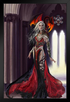 Severeielle Goth Warrior by Nene Thomas Fantasy Poster Red Dragon On Shoulder Kingdom Black Wood Framed Art Poster 14x20