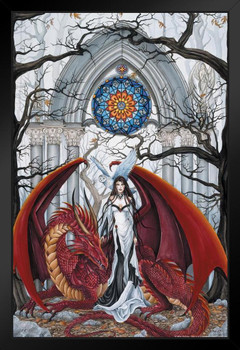 Wisdom Warrior Queen In Temple Red Dragon Owl by Nene Thomas Fantasy Poster Black Wood Framed Art Poster 14x20