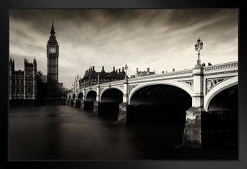 Stark London Big Ben Westminster Bridge Parliament B&W Photo Black Wood Framed Art Poster 20x14