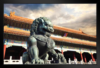 Statue Guarding Forbidden City Beijing China Photo Art Print Black Wood Framed Poster 20x14