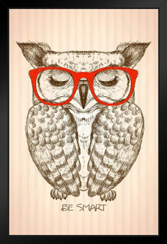 Hipster Owl Dressed In Red Glasses Be Smart Vintage Graphic Bird Pictures Wall Decor Feather Prints Wall Art Nature Wildlife Animal Bird of Prey Bird Prints Black Wood Framed Art Poster 14x20