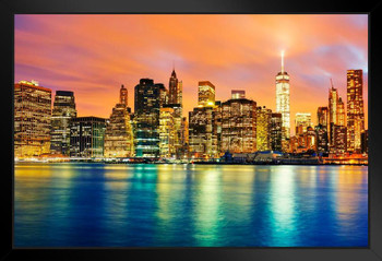 New York City NYC Manhattan Freedom Tower Skyline At Twilight Illuminated Reflecting In River Black Wood Framed Art Poster 20x14