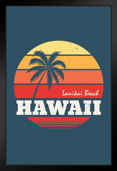Lanikai Beach Hawaii Palm Tree Sunset Retro Travel Art Print Black Wood Framed Poster 14x20