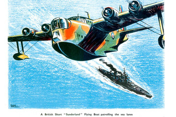 WPA War Propaganda British Short Sunderland Flying Boat Patrolling Sea Lanes Cool Huge Large Giant Poster Art 54x36