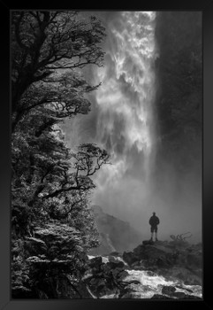 Devils Punchbowl Waterfall Falls Black and White Landscape Photo Black Wood Framed Art Poster 14x20