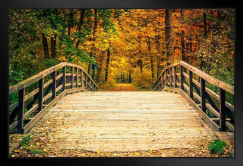 Bridge In Autumn Forest Foliage Tree Landscape Nature Photo Black Wood Framed Art Poster 20x14
