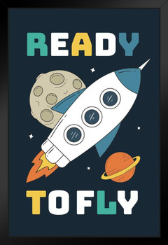 Ready To Fly Rocket Space Moon Saturn Drawing Art Print Black Wood Framed Poster 14x20