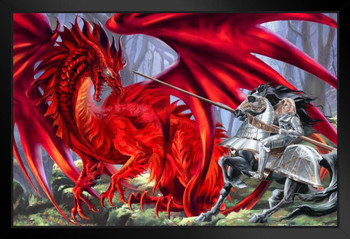 Bloodlust Red Dragon Fighting Knight In Armor by Ruth Thompson Fantasy Poster Black Wood Framed Art Poster 14x20