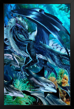 Sea Frolic Dragon With Dolphins by Ruth Thompson Fantasy Poster Under Water Ocean Wildlife Fish Black Wood Framed Art Poster 14x20