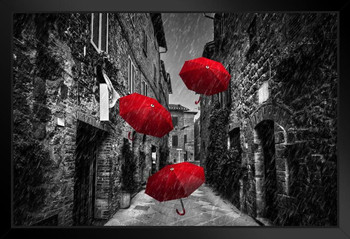 Umrbellas Flying Wind And Rain Cobblestone Street Tuscany Italy Art Print Black Wood Framed Poster 20x14