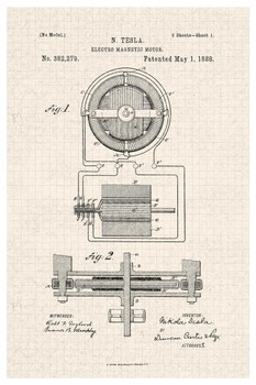 Laminated Electro Magnetic Motor Nikola Tesla Official Patent Diagram Poster Dry Erase Sign 12x18