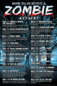 Laminated How To Survive A Zombie Attack Rules Guide Horror Movie Spooky Scary Halloween Decorations Poster Dry Erase Sign 12x18