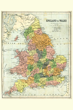 Laminated England and Wales 19th Century Antique Style Map Poster Dry Erase Sign 12x18