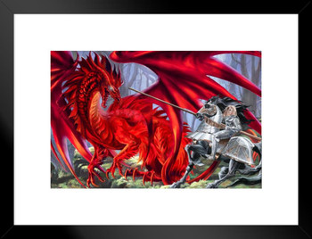 Bloodlust Red Dragon Fighting Knight In Armor by Ruth Thompson Fantasy Poster Matted Framed Art Wall Decor 20x26