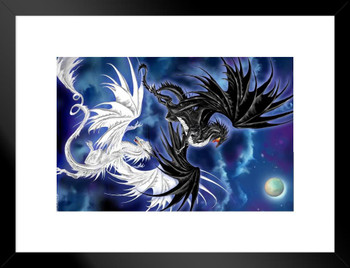 Twilight Duel Black White Dragon Fighting by Ruth Thompson Fantasy Poster Matted Framed Art Wall Decor 20x26