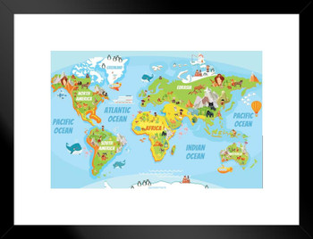 Educational Kids Global World Map Cartoon Animals Travel World Map with Cities in Detail Map Posters for Wall Map Art Geographical Illustration Tourist Matted Framed Art Wall Decor 26x20