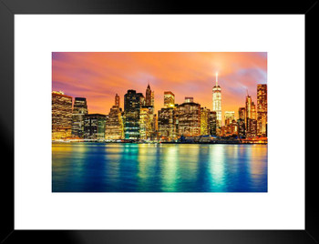 New York City NYC Manhattan Freedom Tower Skyline At Twilight Illuminated Reflecting In River Matted Framed Art Wall Decor 26x20