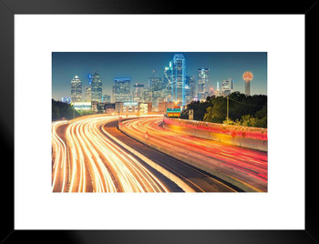 Dallas Texas Downtown Skyline Illuminated Behind Freeway At Night Photo Matted Framed Art Print Wall Decor 26x20 inch