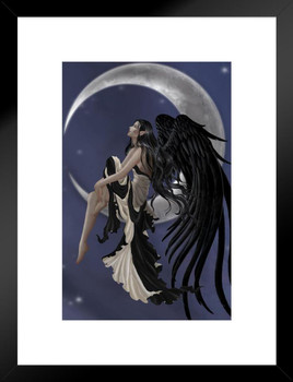 Stargazer Black White Fairy On Moon by Nene Thomas Fantasy Poster Night Stars Magical Elf Matted Framed Art Wall Decor 20x26