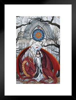 Wisdom Warrior Queen In Temple Red Dragon Owl by Nene Thomas Fantasy Poster Matted Framed Art Wall Decor 20x26