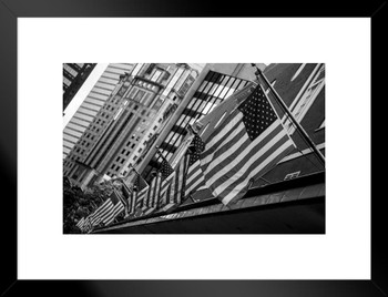 American Flags Displayed in a Line Black and White B&W Patriotic Photo Art Print Matted Framed Wall Art 26x20 inch
