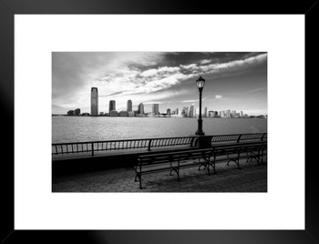 Jersey City Skyline from Manhattan Across Hudson River B&W Photo Matted Framed Art Print Wall Decor 26x20 inch