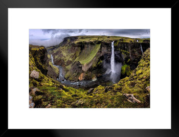 Haifoss Waterfall In Iceland Cloudy Scenic Photo Matted Framed Art Print Wall Decor 26x20 inch