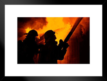 Firefighters Using Hose Fighting Nighttime House Fire Photo Matted Framed Art Print Wall Decor 26x20 inch