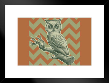 Great Horned Owl on Limb with Chevron Retro Vintage Illustration Bird Pictures Wall Decor Feather Prints Wall Art Nature Wildlife Animal Bird of Prey Bird Prints Matted Framed Art Wall Decor 26x20