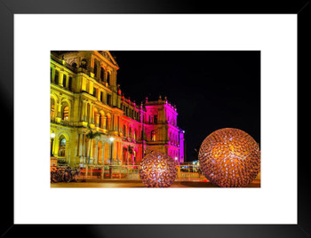 Brisbane City Hall Queensland Australia Illuminated at Night Photo Matted Framed Art Print Wall Decor 26x20 inch