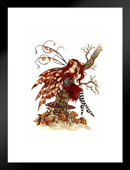 Autumn Daydream Fairy In Tree by Amy Brown Fantasy Poster Fall Leaves On Ground Nature Matted Framed Art Wall Decor 20x26
