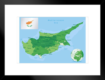 Map Of Cyprus States Cities Flag Mediterranean Sea Chart Map Posters for Wall Map Art Wall Decor Geographical Illustration Tourist Travel Destinations Matted Framed Art Wall Decor 26x20