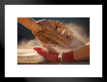 Baseball Player Sliding Into Base Being Tagged Out Close Up Photo Matted Framed Art Print Wall Decor 26x20 inch