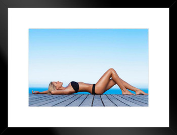Sexy Blonde Woman Sunbathing on Wooden Pier Photo Matted Framed Art Print Wall Decor 26x20 inch