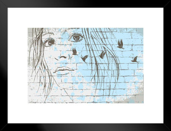 Dreamy Look Graffiti Young Womans Face and Doves Illustration Matted Framed Art Print Wall Decor 26x20 inch