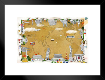 Map of the World International Landmarks Illustration Travel World Map with Landmark in Detail Map Posters for Wall Map Art Wall Decor Geographical Illustration Matted Framed Art Wall Decor 26x20