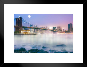 Gotham Fog over East River and Brooklyn Bridge Photo Matted Framed Art Print Wall Decor 26x20 inch