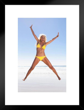Beautiful Woman Jumping for Joy on Beach Bikini Photo Matted Framed Art Print Wall Decor 20x26 inch