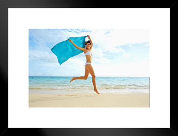 Japanese Woman Jumping with Sarong on Beach Photo Matted Framed Art Print Wall Decor 26x20 inch