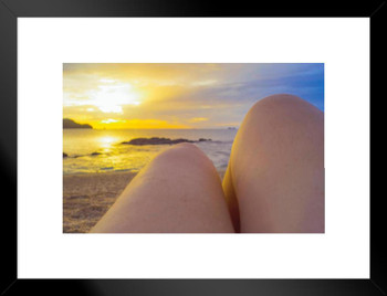 POV Woman Knees at Sunset on the Beach Photo Matted Framed Art Print Wall Decor 26x20 inch
