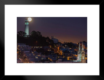 Moon Over Telegraph Hill San Francisco Skyline Photo Matted Framed Art Print Wall Decor 26x20 inch