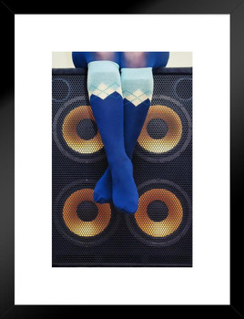 Woman in Blue Argyle Socks Sitting on Bass Speakers Rock Roll Music Matted Framed Art Wall Decor 20x26