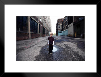 Young Boy Standing in Urban Alley Photo Matted Framed Art Print Wall Decor 26x20 inch