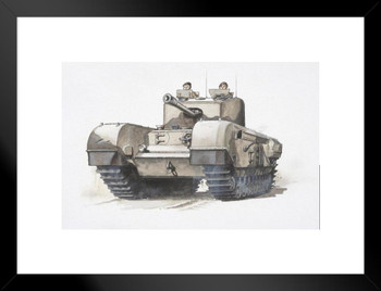 British Churchill Army Tank Driven by Two Soldiers Matted Framed Art Print Wall Decor 26x20 inch