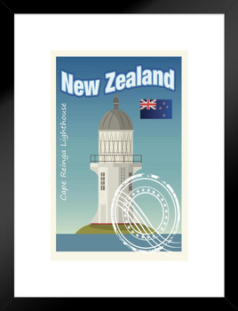 New Zealand Cape Reinga Lighthouse Travel Stamp Matted Framed Art Print Wall Decor 20x26 inch