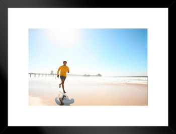 Man Jogging on the Beach Inspirational Photo Matted Framed Art Print Wall Decor 26x20 inch